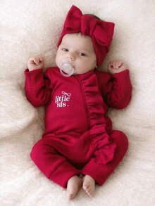 2pcs Newborn Baby Girl Sweater Jumpsuit Headband Sweet Bright Red Ribbed Little Sis Bow Ruffle Long Sleeve Birthday Christmas Party Autumn Fall Winter - Red - View 7