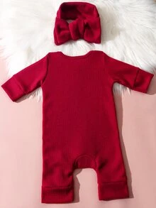2pcs Newborn Baby Girl Sweater Jumpsuit Headband Sweet Bright Red Ribbed Little Sis Bow Ruffle Long Sleeve Birthday Christmas Party Autumn Fall Winter - Red - View 4