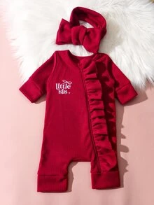 2pcs Newborn Baby Girl Sweater Jumpsuit Headband Sweet Bright Red Ribbed Little Sis Bow Ruffle Long Sleeve Birthday Christmas Party Autumn Fall Winter - Red - View 3