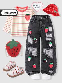 SHEIN Young Girls Light Blue Strawberry Print Wide Leg Denim Pants, Elastic High Waist, Raw Edge, Autumn Fall School - Black - View 2