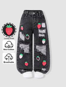 SHEIN Young Girls Light Blue Strawberry Print Wide Leg Denim Pants, Elastic High Waist, Raw Edge, Autumn Fall School - Black - View 4