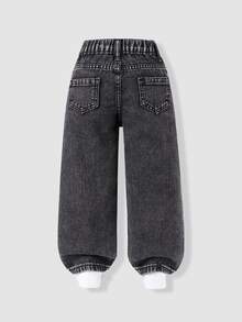 SHEIN Young Girls Light Blue Strawberry Print Wide Leg Denim Pants, Elastic High Waist, Raw Edge, Autumn Fall School - Black - View 3