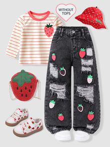SHEIN Young Girls Light Blue Strawberry Print Wide Leg Denim Pants, Elastic High Waist, Raw Edge, Autumn Fall School - Black - View 5