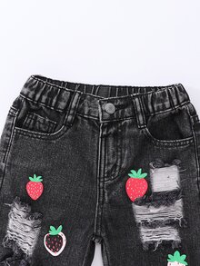 SHEIN Young Girls Light Blue Strawberry Print Wide Leg Denim Pants, Elastic High Waist, Raw Edge, Autumn Fall School - Black - View 6