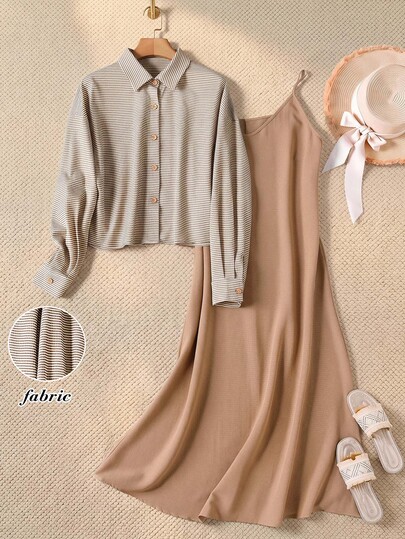 Rusticease Set 2 Potongan Kasual Wanita: Kemeja Lengan Panjang Khaki dan Gaun Camisole untuk Acara Santai Musim Gugur