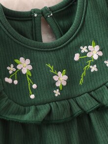 SHEIN Thickened Imitation Knit Dress With Embroidery Patterns For Newborn Baby Girls Autumn Winter Green Floral Ribbed Long Dress Pants Dress Shirt - Dark Green - View 5