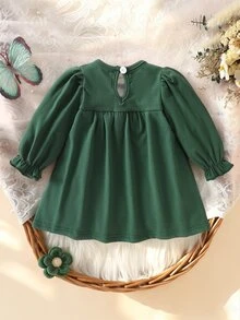 SHEIN Thickened Imitation Knit Dress With Embroidery Patterns For Newborn Baby Girls Autumn Winter Green Floral Ribbed Long Dress Pants Dress Shirt - Dark Green - View 3