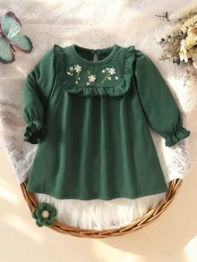 SHEIN Thickened Imitation Knit Dress With Embroidery Patterns For Newborn Baby Girls Autumn Winter Green Floral Ribbed Long Dress Pants Dress Shirt - Dark Green - View 2