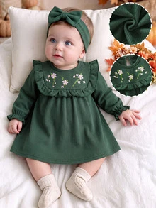 SHEIN Thickened Imitation Knit Dress With Embroidery Patterns For Newborn Baby Girls Autumn Winter Green Floral Ribbed Long Dress Pants Dress Shirt - Dark Green - View 1