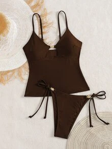 Swim Chiccia 女士海滩夏季音乐节细肩带金属饰品打结丁字裤成熟度假风格比基尼套装 - 棕色 - 查看 4