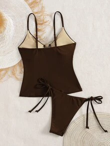 Swim Chiccia 女士海滩夏季音乐节细肩带金属饰品打结丁字裤成熟度假风格比基尼套装 - 棕色 - 查看 2