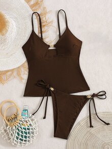 Swim Chiccia 女士海滩夏季音乐节细肩带金属饰品打结丁字裤成熟度假风格比基尼套装 - 棕色 - 查看 6