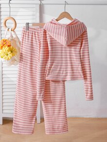 SHEIN Setelan Pakaian Musim Gugur untuk Anak Perempuan Remaja: Jaket Berkerudung Bergaris Pink Putih dan Celana Panjang Model Flare Pinggang Tinggi yang Serasi, Setelan Santai 2 Potong dengan Garis Vertikal... - Berwarna merah muda - View 4