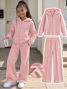 SHEIN Setelan Pakaian Musim Gugur untuk Anak Perempuan Remaja: Jaket Berkerudung Bergaris Pink Putih dan Celana Panjang Model Flare Pinggang Tinggi yang Serasi, Setelan Santai 2 Potong dengan Garis Vertikal... - Berwarna merah muda - View 1