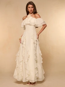 SHEIN BAE Apricot Off-Shoulder Ruffle Hem Chiffon Dress, Elegant Romantic Long Dress For Women, Spring/Summer - Apricot - View 5
