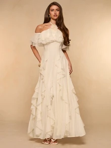 SHEIN BAE Apricot Off-Shoulder Ruffle Hem Chiffon Dress, Elegant Romantic Long Dress For Women, Spring/Summer - Apricot - View 4