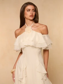 SHEIN BAE Apricot Off-Shoulder Ruffle Hem Chiffon Dress, Elegant Romantic Long Dress For Women, Spring/Summer - Apricot - View 6