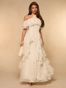 SHEIN BAE Apricot Off-Shoulder Ruffle Hem Chiffon Dress, Elegant Romantic Long Dress For Women, Spring/Summer - Apricot - View 3