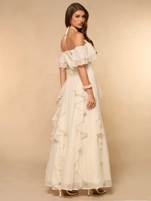 SHEIN BAE Apricot Off-Shoulder Ruffle Hem Chiffon Dress, Elegant Romantic Long Dress For Women, Spring/Summer - Apricot - View 2
