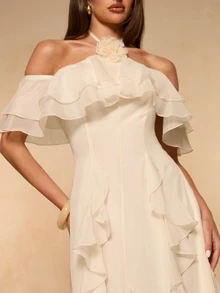 SHEIN BAE Apricot Off-Shoulder Ruffle Hem Chiffon Dress, Elegant Romantic Long Dress For Women, Spring/Summer - Apricot - View 7