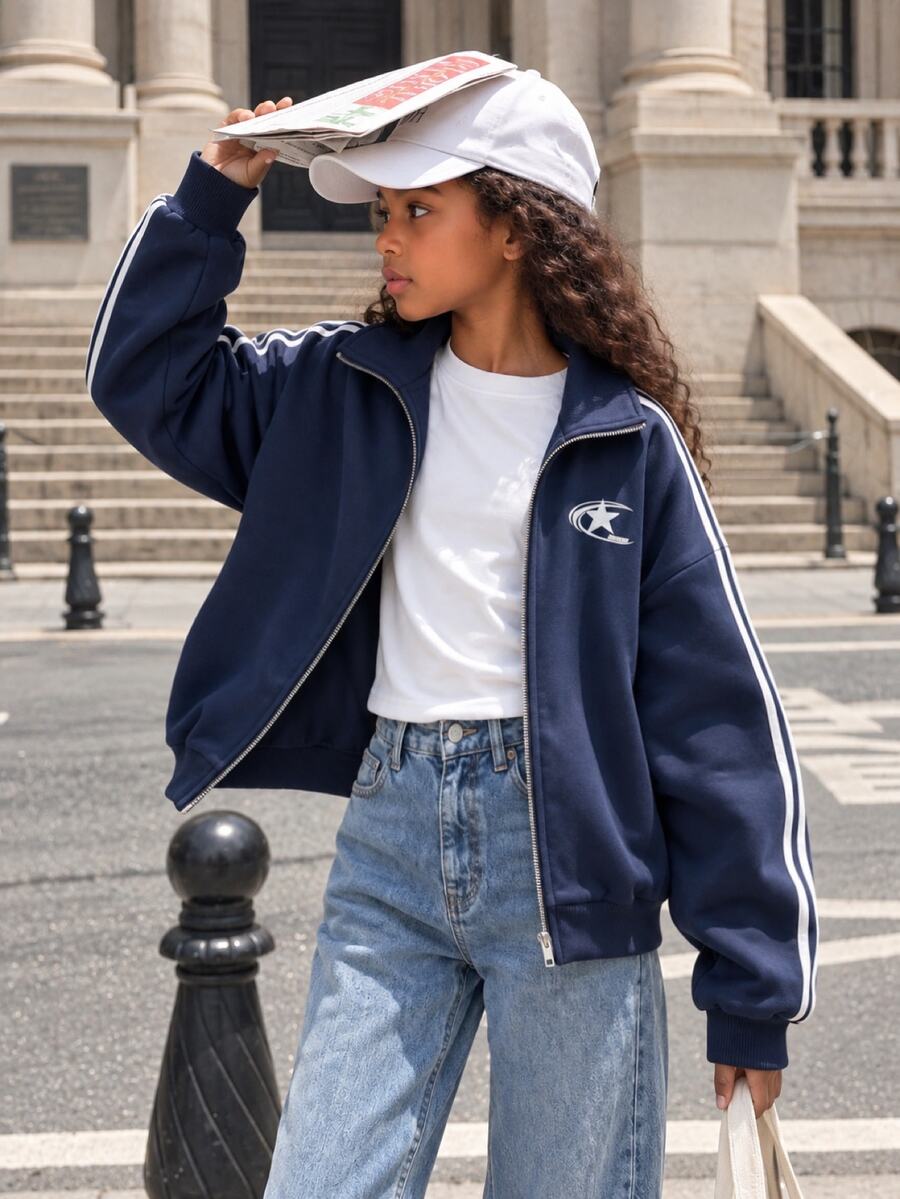 SHEIN Tween Girls Fall Clothes Back To School Fall Winter Sweatshirt, Navy Blue Double Side Stripe Zip Up Jacket - Blue - View 1
