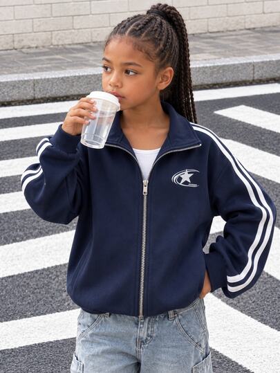 SHEIN Tween Girls Fall Clothes Back To School Fall Winter Sweatshirt, Navy Blue Double Side Stripe Zip Up Jacket