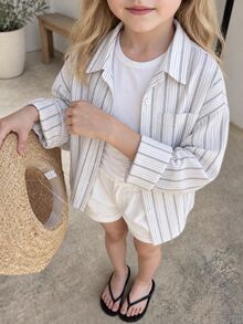 SHEIN Tween Girl Fall Tops Fall Striped Lightweight Sun Protection Shirt, Spring & Summer,Holiday,Summer,Travel, Holiday Outfits - White - View 2