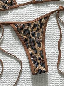 SHEIN Swim 2pcs/Set Sequin Animal Print Textured Fabric Triangle Cup Bra And Side Tie Swim Bottoms Sexy Bikini Set, Spring/Summer - Multicolor - View 6