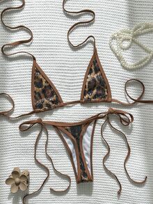 SHEIN Swim 2pcs/Set Sequin Animal Print Textured Fabric Triangle Cup Bra And Side Tie Swim Bottoms Sexy Bikini Set, Spring/Summer - Multicolor - View 8