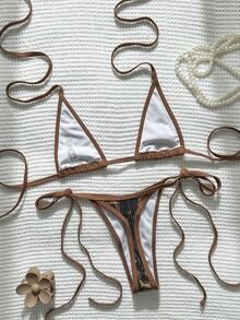 SHEIN Swim 2pcs/Set Sequin Animal Print Textured Fabric Triangle Cup Bra And Side Tie Swim Bottoms Sexy Bikini Set, Spring/Summer - Multicolor - View 3