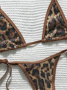 SHEIN Swim 2pcs/Set Sequin Animal Print Textured Fabric Triangle Cup Bra And Side Tie Swim Bottoms Sexy Bikini Set, Spring/Summer - Multicolor - View 5