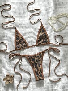 SHEIN Swim 2pcs/Set Sequin Animal Print Textured Fabric Triangle Cup Bra And Side Tie Swim Bottoms Sexy Bikini Set, Spring/Summer - Multicolor - View 2