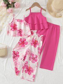 SHEIN Sparklyn Set Pakaian Anak Perempuan Balita 4 Potong Musim Semi/Panas, 2 Gaya: Gaun Cami Berkerut Motif Bunga Pink & Putih dan Warna Polos, Dirancang untuk Musim Panas dengan Nuansa Liburan Tropis, Termasuk 2 Gaya untuk Memudahkan Penggantian - Berwarna merah muda - View 4