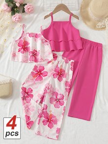 SHEIN Sparklyn Set Pakaian Anak Perempuan Balita 4 Potong Musim Semi/Panas, 2 Gaya: Gaun Cami Berkerut Motif Bunga Pink & Putih dan Warna Polos, Dirancang untuk Musim Panas dengan Nuansa Liburan Tropis, Termasuk 2 Gaya untuk Memudahkan Penggantian - Berwarna merah muda - View 1