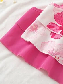 SHEIN Sparklyn Set Pakaian Anak Perempuan Balita 4 Potong Musim Semi/Panas, 2 Gaya: Gaun Cami Berkerut Motif Bunga Pink & Putih dan Warna Polos, Dirancang untuk Musim Panas dengan Nuansa Liburan Tropis, Termasuk 2 Gaya untuk Memudahkan Penggantian - Berwarna merah muda - View 3