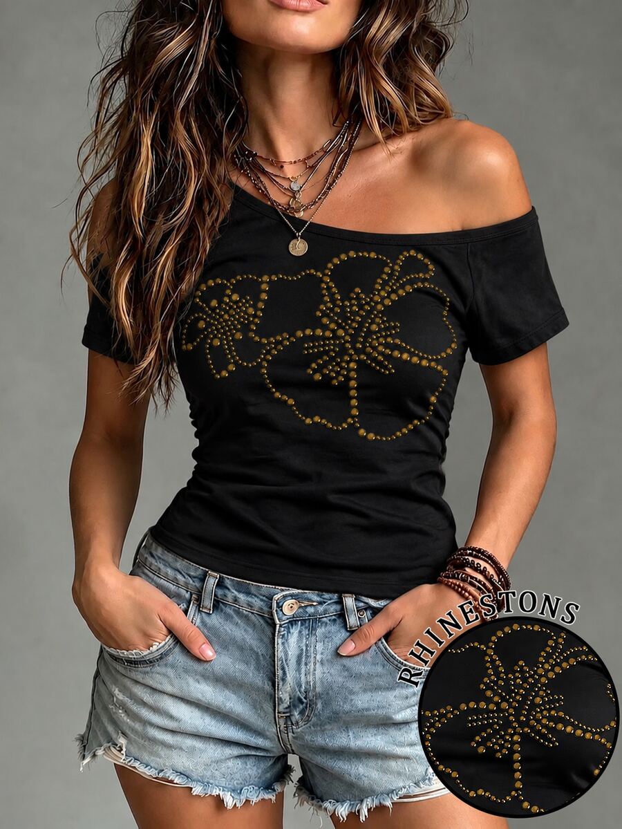 IslaSuriya 女款 T-shirt,不對稱肩短袖修身剪裁,優雅休閒街頭風,適合日常穿著、外出與約會,黑色與金色 - 彩色 - 查看 1