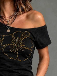 IslaSuriya 女款 T-shirt，不對稱肩短袖修身剪裁，優雅休閒街頭風，適合日常穿著、外出與約會，黑色與金色 - 彩色 - 查看 4