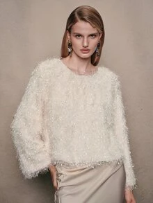 Anewsta Elegant Modern Short Women's Off-White Pullover T-Shirt With Tassel And Glossy Finish Party Dinner Fall - Beige - View 3