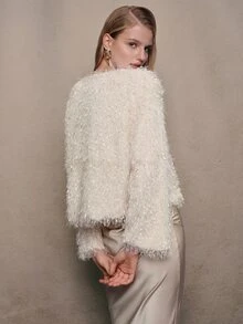 Anewsta Elegant Modern Short Women's Off-White Pullover T-Shirt With Tassel And Glossy Finish Party Dinner Fall - Beige - View 2