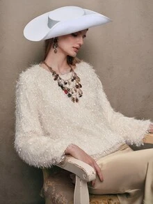 Anewsta Elegant Modern Short Women's Off-White Pullover T-Shirt With Tassel And Glossy Finish Party Dinner Fall - Beige - View 7