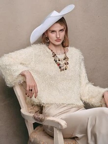 Anewsta Elegant Modern Short Women's Off-White Pullover T-Shirt With Tassel And Glossy Finish Party Dinner Fall - Beige - View 4