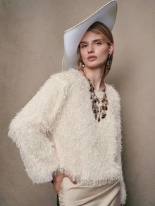 Anewsta Elegant Modern Short Women's Off-White Pullover T-Shirt With Tassel And Glossy Finish Party Dinner Fall - Beige - View 6