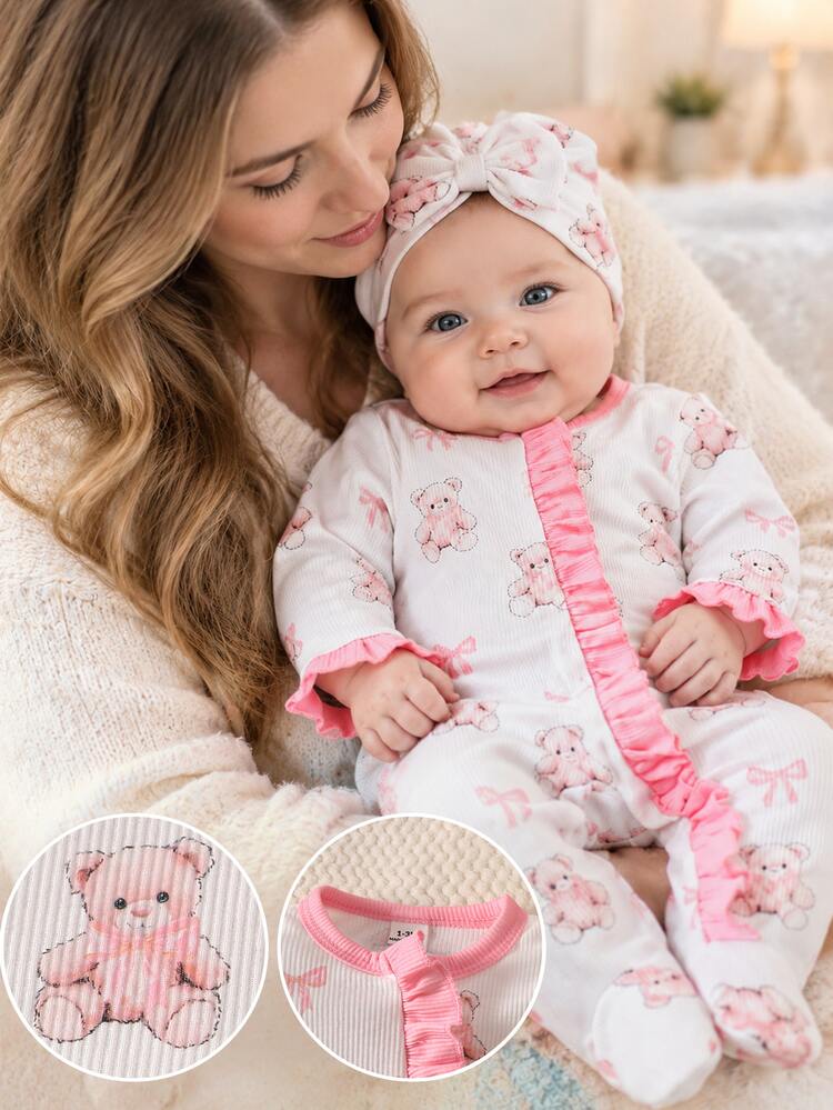 SHEIN 2pcs Newborn Baby Girl Cute Cartoon Bear Print Footed Romper, Rib-Knit Ruffle Trim Long Sleeve Jumpsuit Outfit, Sweet Autumn Clothes With Turban Hat - White - View 1