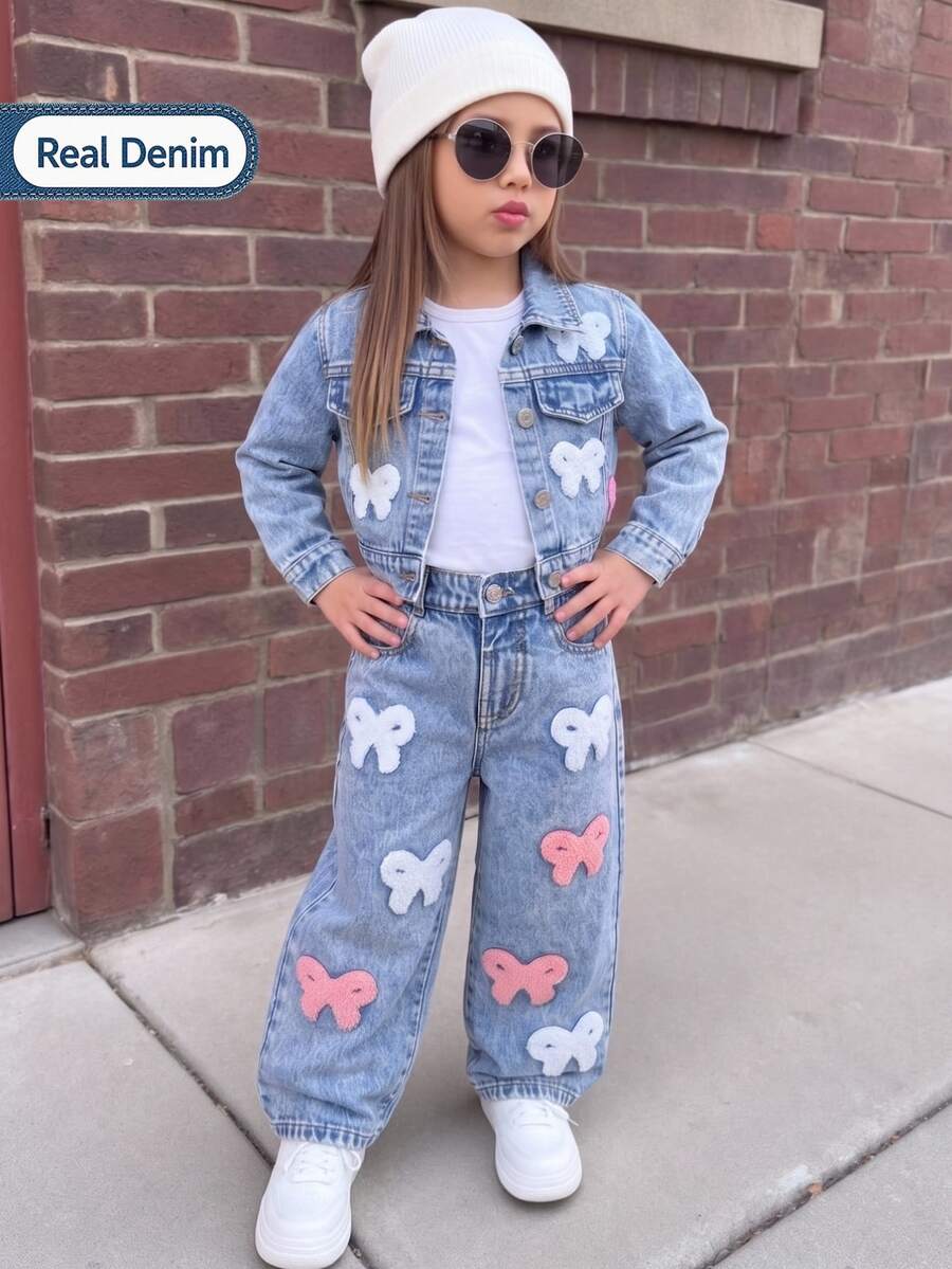 SHEIN Young Girls Autumn/Winter Fashion Bow Tie Towel Embroidery Blue Washed Denim 2-Piece Set, Short Denim Jacket + Loose Straight Leg Wide Leg Pants