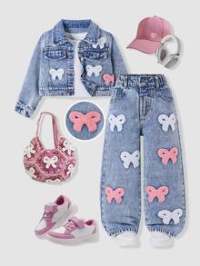 SHEIN Young Girls Autumn/Winter Fashion Bow Tie Towel Embroidery Blue Washed Denim 2-Piece Set, Short Denim Jacket + Loose Straight Leg Wide Leg Pants - Light Wash - View 4