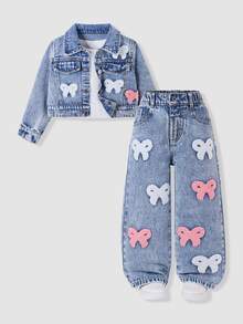 SHEIN Young Girls Autumn/Winter Fashion Bow Tie Towel Embroidery Blue Washed Denim 2-Piece Set, Short Denim Jacket + Loose Straight Leg Wide Leg Pants - Light Wash - View 5