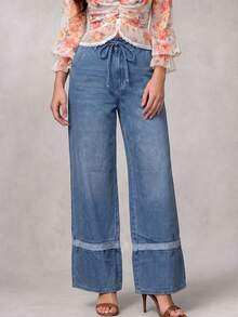 LUMIGAL Fall Business Wide Leg Belted Sleeveless Blue Denim Going Out Washed Comfortable Jeans For Women - Blue - View 4