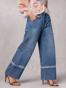 LUMIGAL Fall Business Wide Leg Belted Sleeveless Blue Denim Going Out Washed Comfortable Jeans For Women - Blue - View 3