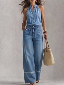 LUMIGAL Fall Business Wide Leg Belted Sleeveless Blue Denim Going Out Washed Comfortable Jeans For Women - Blue - View 1