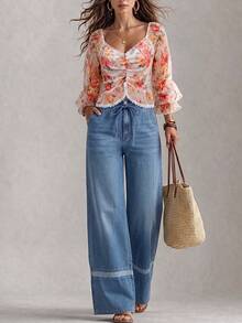 LUMIGAL Fall Business Wide Leg Belted Sleeveless Blue Denim Going Out Washed Comfortable Jeans For Women - Blue - View 7